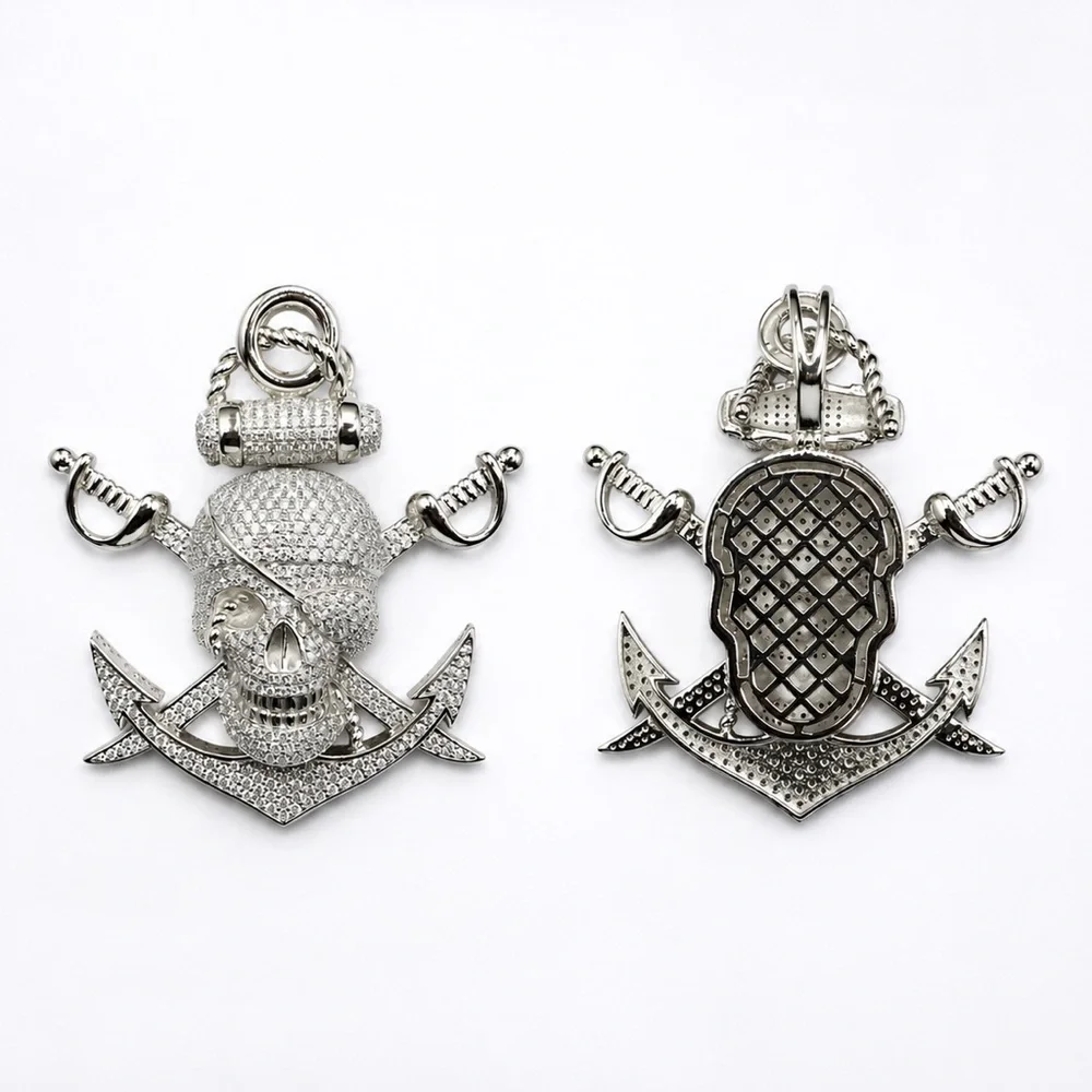 925 Sterling Silver Pirate Skull Pendant Necklace 7.20CTW MOISSANITE